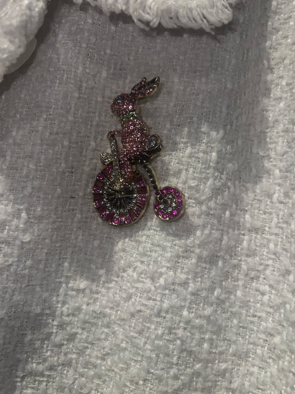 Boutique White Textured Tweed  Blazer with pink Gems bunny on bicycle brooch